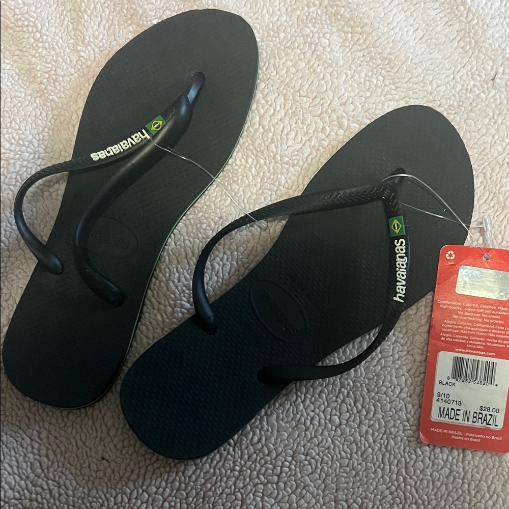 Havaianas Women's Black Flip Flop Sandals with Green Accent